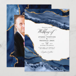 Convites Foto de Casamento de Pedra Agata e marinho Dourada