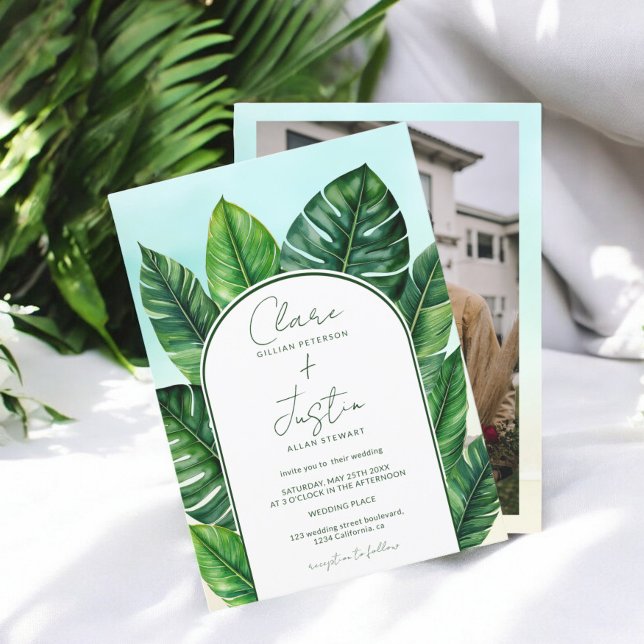 Convites Foto de Casamento de Praia Tropical de Verão (Summer Tropical Greenery Beach Wedding Photo Invitation)