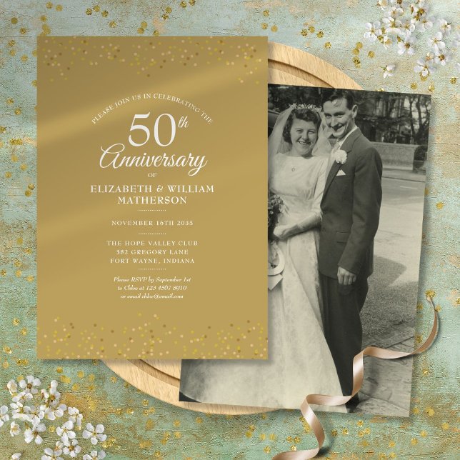Convites Foto de casamento do 50º aniversário com pó dourad (50th Anniversary Wedding Photo Gold Dust Invitation)
