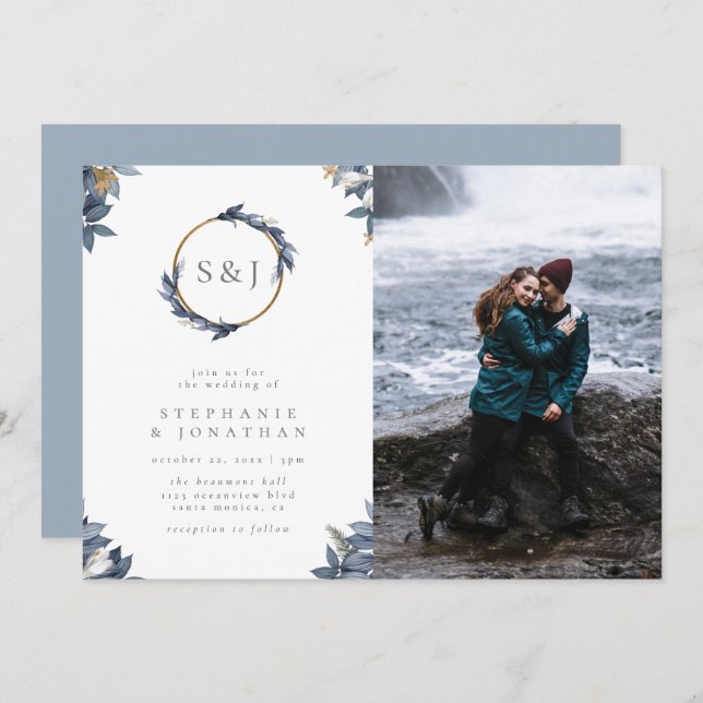 Convites Foto De Casamento Do Monograma Dourado E Azul (Frente/Verso)