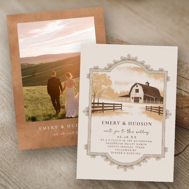 Convites Foto de Casamento do Vintage Ranch Barn no Western (western wedding invitation cowboy ranch barn outdoor burnt orange terracotta vintage fall photo)