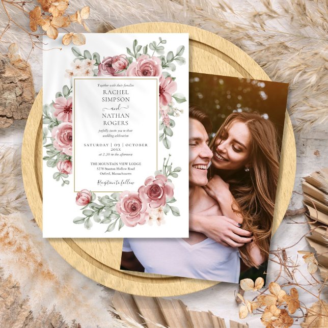 Convites Foto de casamento Dourado com o Elegante Floral Du (Elegant Floral Dusty Rose Gold Wedding Photo Invitation)