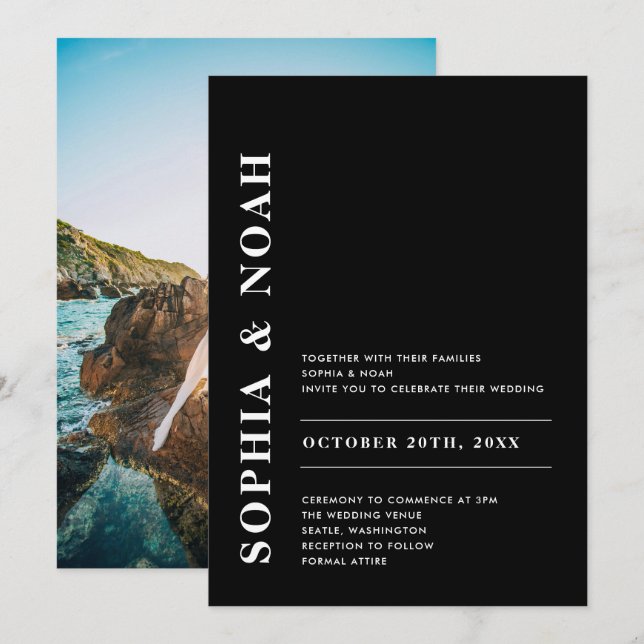 Convites Foto de casamento elegante preto e branco moderno (Frente/Verso)