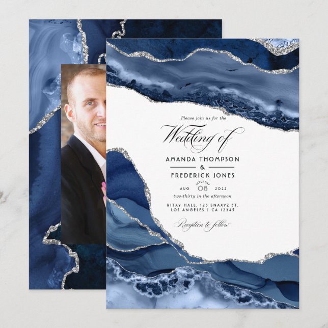 Convites Foto de casamento em Ágata Prata e Azul Marinho (Frente/Verso)