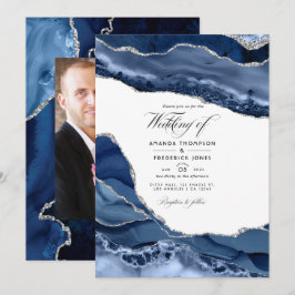 Convites Foto de casamento em Ágata Prata e Azul Marinho