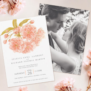 Convites Foto de casamento em aquarela com flor de pessegue