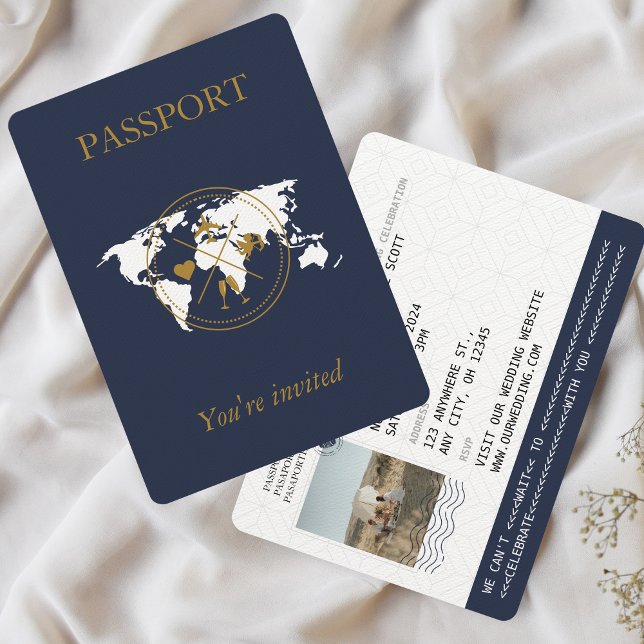 Convites Foto de Casamento em Passaporte de Destino Dourado (Navy Blue Passport Wedding Invitation)