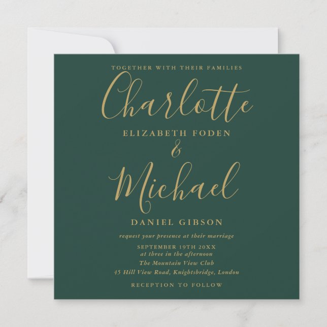 Convites Foto de casamento em verde esmeralda e dourado (Frente)