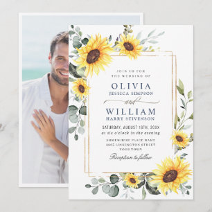 Convites Foto de Casamento Eucalyptus Sunflower Elegante