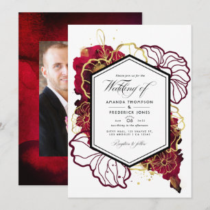 Convites Foto de casamento floral abstrata em burgundy e do