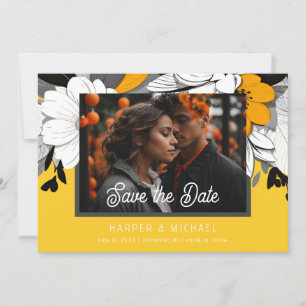 Convites Foto de casamento floral amarelo moderno salvar a