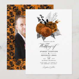 Convites Foto de casamento floral de Halloween preta e lara