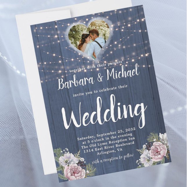 Convites Foto De Casamento Floral De Luzes De Madeira Rústi (Criador carregado)