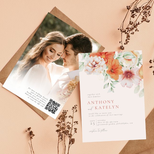 Convites Foto de Casamento Floral de Peach Coral primavera  (Criador carregado)