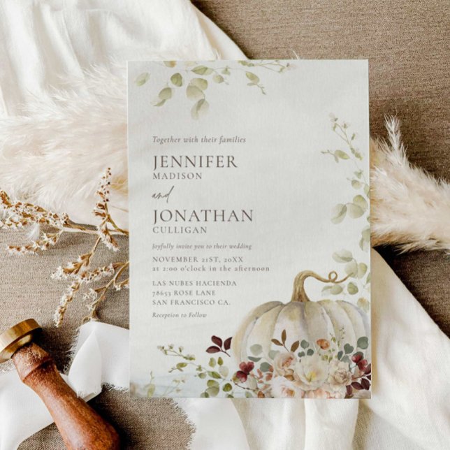 Convites Foto De Casamento Floral De Pumpkin Fall Fall Rust (Fall Rustic Photo Wedding Invitation)