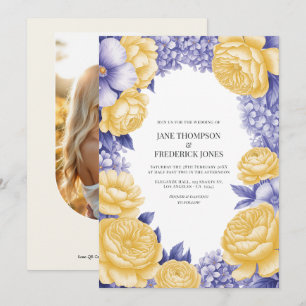 Convites Foto de casamento floral em amarelo manteiga e per