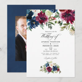 Convites Foto de casamento floral em aquarela bordo e azul-