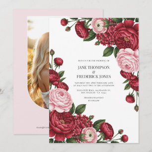 Convites Foto de casamento floral em aquarela com cranberry