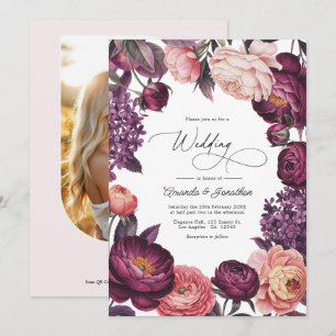 Convites Foto de casamento floral em aquarela com tons de a