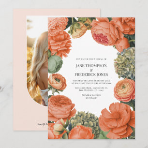 Convites Foto de casamento floral em aquarela coral e sage
