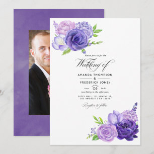 Convites Foto de casamento floral em aquarela ultravioleta