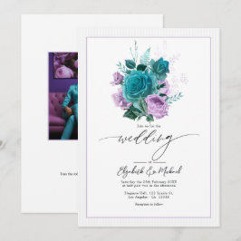 Convites Foto de casamento floral em azul verde e lavanda