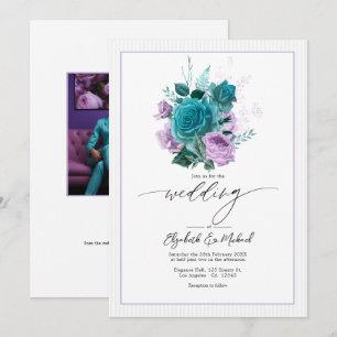 Convites Foto de casamento floral em azul verde e lavanda