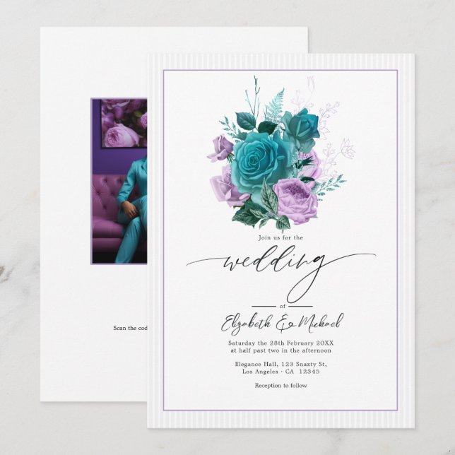 Convites Foto de casamento floral em azul verde e lavanda (Frente/Verso)