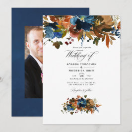 Convites Foto de casamento floral em gengibre e azul-marinh