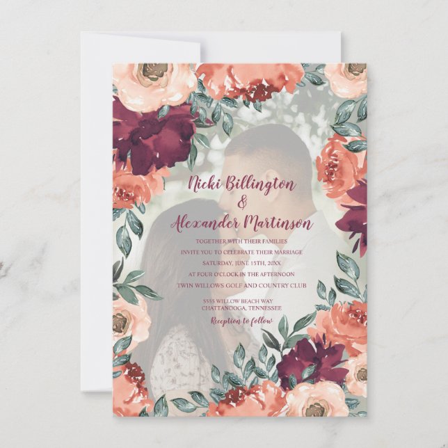 Convites Foto de casamento floral em laranja queimada borgo (Frente)