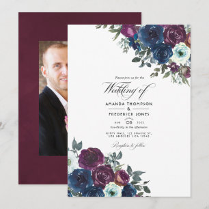 Convites Foto de casamento floral em roxo e azul marinho