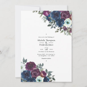 Convites Foto de casamento floral em roxo e azul marinho