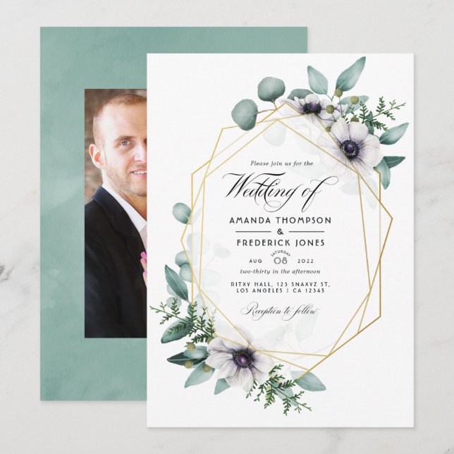 Convites Foto de casamento floral geométrica de eucalipto (Frente/Verso)