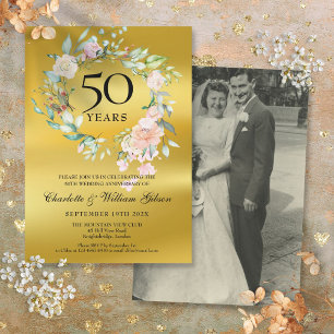 Convites Foto de Casamento Floral Gold Foil 50 anos