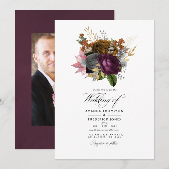 Convites Foto de casamento floral outono vintage (Frente/Verso)