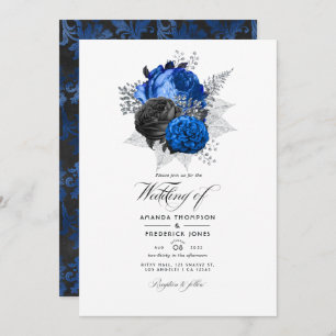 Convites Foto de Casamento Floral Real Azul, Preto e Prata