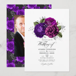 Convites Foto de Casamento Floral Real Roxo e Prata