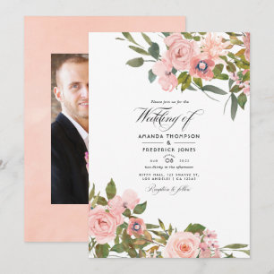 Convites Foto de casamento floral rosa bege e dourado rosa