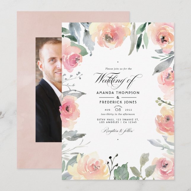 Convites Foto de casamento floral rosa pastel (Frente/Verso)