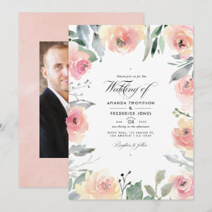 Convites Foto de casamento floral rosa pastel