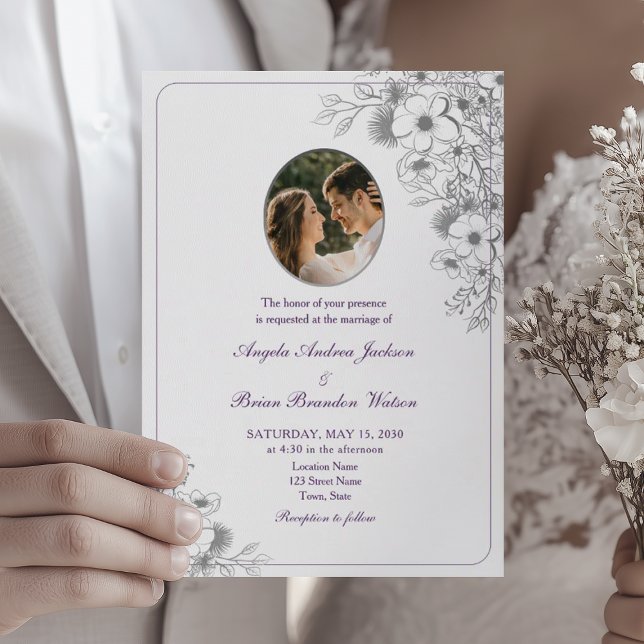 Convites Foto de Casamento Floral Roxo (Criador carregado)