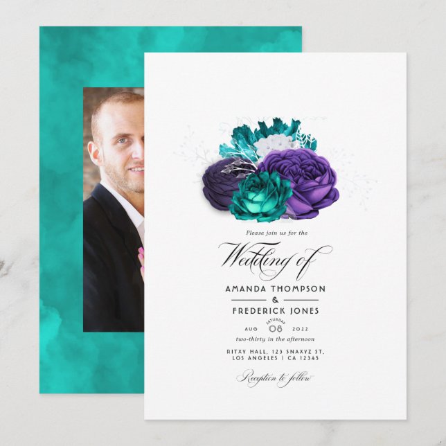 Convites Foto de casamento floral roxo rústico e turquesa (Frente/Verso)