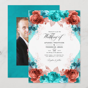 Convites Foto de casamento floral rústica em turquesa e cor