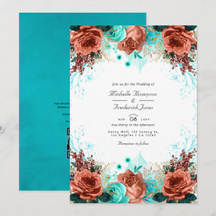 Convites Foto de casamento floral rústica em turquesa e cor