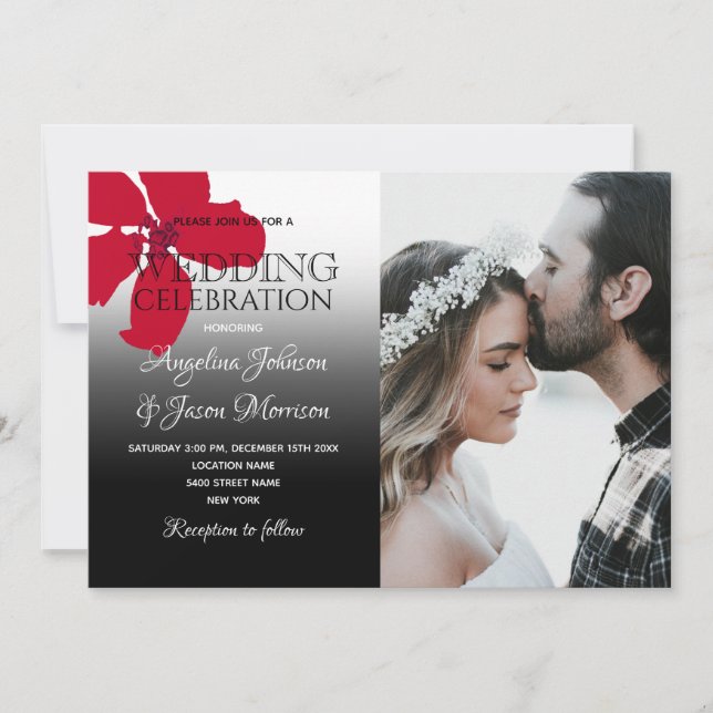 Convites Foto de casamento floral rústica em vermelho, pret (Frente)
