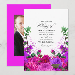 Convites Foto de casamento floral vintage em tons de fúcsia