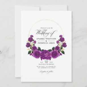 Convites Foto de casamento floral vintage roxo e dourado