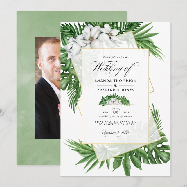 Convites Foto de casamento geométrica de magnólia tropical (Frente/Verso)