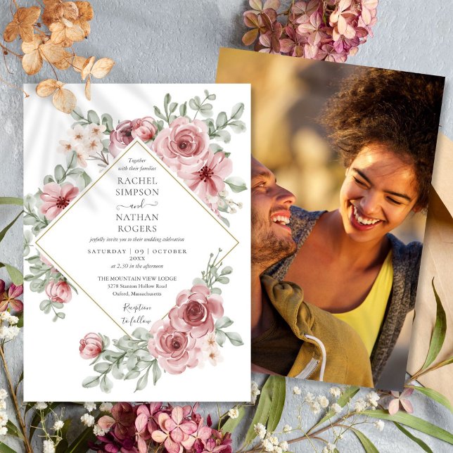 Convites Foto de Casamento Geométrico Dourado com Dusty Flo (Floral Dusty Rose Gold Geometric Wedding Photo Invitation)