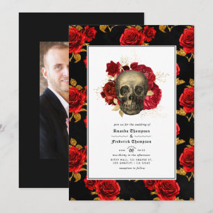 Convites Foto de casamento gótico com crânio floral